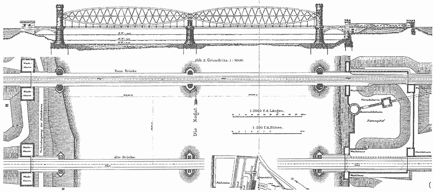 [Widok nowego mostu kolejowego i plan most�w w 1895 roku]